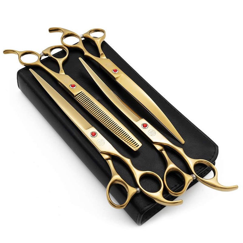 Moontay Professional 8.0" Dog Grooming Scissors Set, 4-pieces Straight, Upward Curved, Downward Curved, Thinning/Blending Shears for Dog, Cat and Pets, JP Stainless Steel, Gold - Image 1